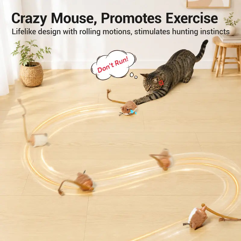 Potaroma Smart Rolling Plush Mouse Cat Toy - Automatic Motion-Activated Interactive Exercise Game, Rechargeable for Indoor Cats
