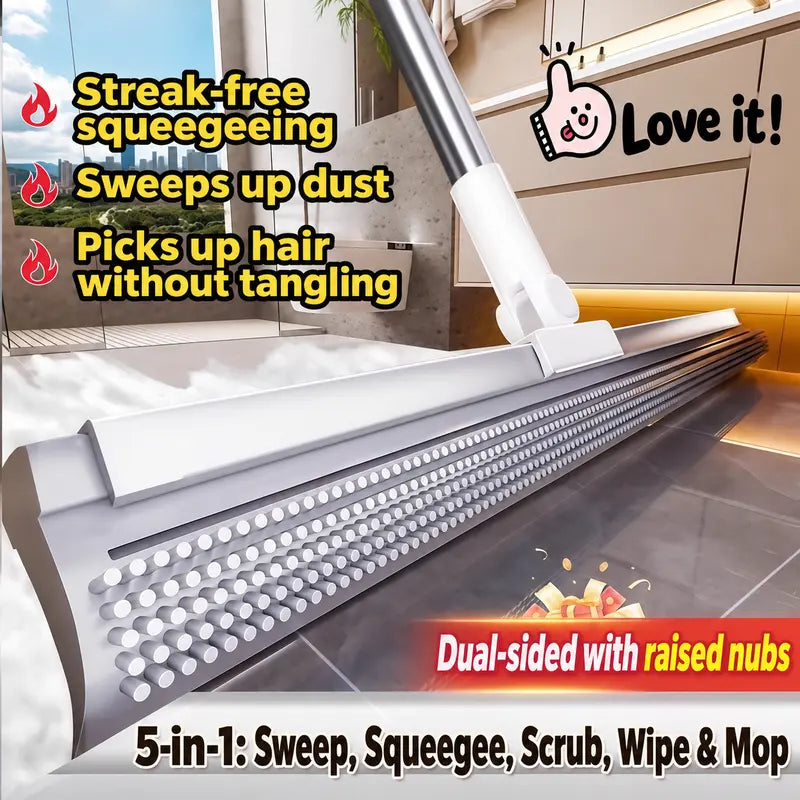 Pet Hair Remover Broom 2-In-1, Rubber Squeegee Broom with 6-Row Bristles, Handheld Carpet Rake for Dog Cat Hair on Carpet Sofa Rug, Water Sweeper for Tile Floor Glass, 16 Inch,Brush,Double-Sided,