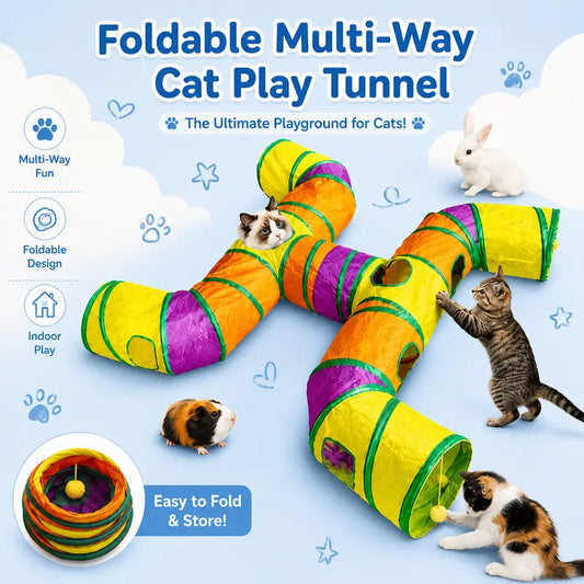 14-Way Interactive H-Shape Cat Tunnel with Peek Holes and Ball - Foldable and Collapsible Play Toy for Cats, Rabbits, Ferrets, and Small Animals
