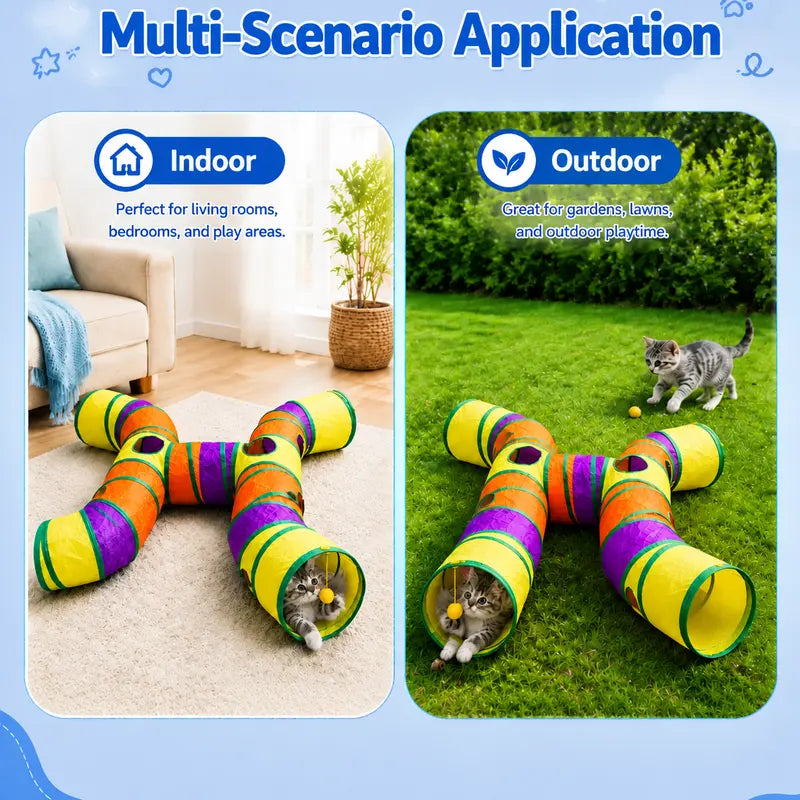 14-Way Interactive H-Shape Cat Tunnel with Peek Holes and Ball - Foldable and Collapsible Play Toy for Cats, Rabbits, Ferrets, and Small Animals