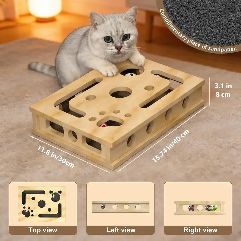 LIVANIRA Universal Wooden Cat Scratch and File Enrichment Box - Claw Care Puzzle Toy with Replaceable Filing Pad, Spacious Scratch Area, Treat Compartments, and Three Toy Balls for Indoor Cats