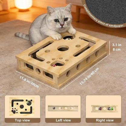 LIVANIRA Universal Wooden Cat Scratch and File Enrichment Box - Claw Care Puzzle Toy with Replaceable Filing Pad, Spacious Scratch Area, Treat Compartments, and Three Toy Balls for Indoor Cats