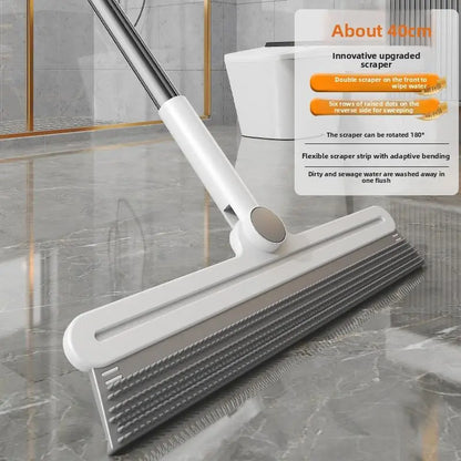Pet Hair Remover Broom 2-In-1, Rubber Squeegee Broom with 6-Row Bristles, Handheld Carpet Rake for Dog Cat Hair on Carpet Sofa Rug, Water Sweeper for Tile Floor Glass, 16 Inch,Brush,Double-Sided,