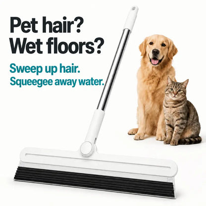 Pet Hair Remover Broom 2-In-1, Rubber Squeegee Broom with 6-Row Bristles, Handheld Carpet Rake for Dog Cat Hair on Carpet Sofa Rug, Water Sweeper for Tile Floor Glass, 16 Inch,Brush,Double-Sided,