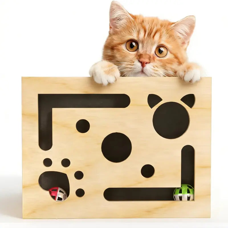 LIVANIRA Universal Wooden Cat Scratch and File Enrichment Box - Claw Care Puzzle Toy with Replaceable Filing Pad, Spacious Scratch Area, Treat Compartments, and Three Toy Balls for Indoor Cats