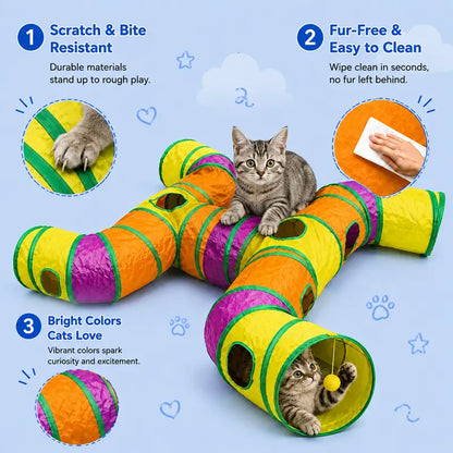 14-Way Interactive H-Shape Cat Tunnel with Peek Holes and Ball - Foldable and Collapsible Play Toy for Cats, Rabbits, Ferrets, and Small Animals