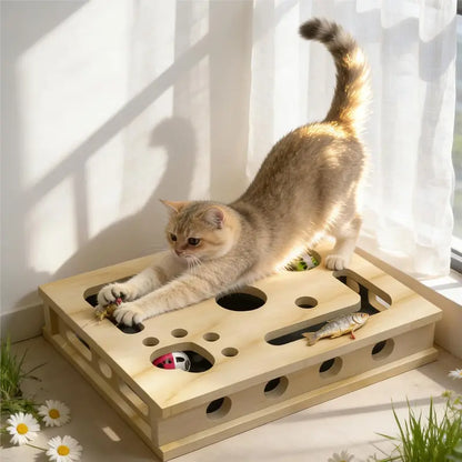 LIVANIRA Universal Wooden Cat Scratch and File Enrichment Box - Claw Care Puzzle Toy with Replaceable Filing Pad, Spacious Scratch Area, Treat Compartments, and Three Toy Balls for Indoor Cats
