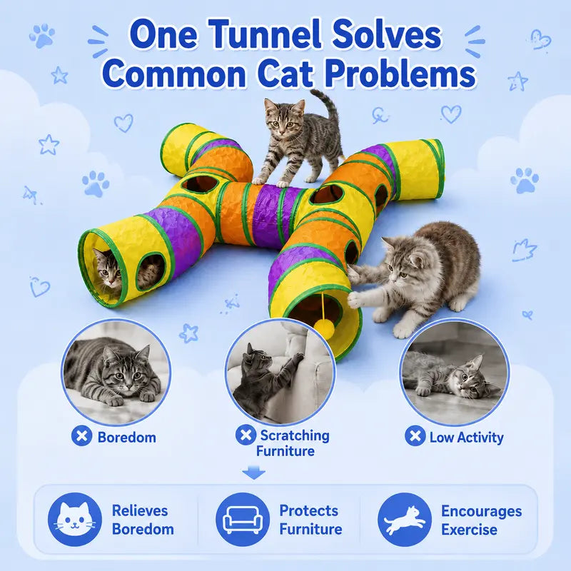 14-Way Interactive H-Shape Cat Tunnel with Peek Holes and Ball - Foldable and Collapsible Play Toy for Cats, Rabbits, Ferrets, and Small Animals