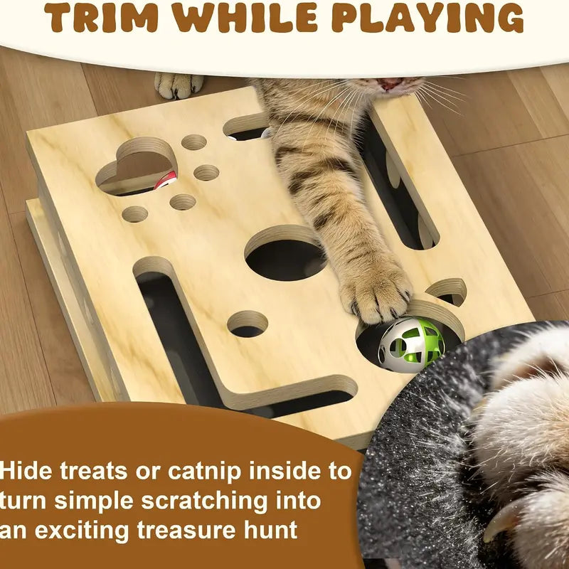 LIVANIRA Universal Wooden Cat Scratch and File Enrichment Box - Claw Care Puzzle Toy with Replaceable Filing Pad, Spacious Scratch Area, Treat Compartments, and Three Toy Balls for Indoor Cats