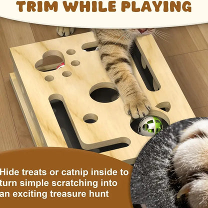 LIVANIRA Universal Wooden Cat Scratch and File Enrichment Box - Claw Care Puzzle Toy with Replaceable Filing Pad, Spacious Scratch Area, Treat Compartments, and Three Toy Balls for Indoor Cats