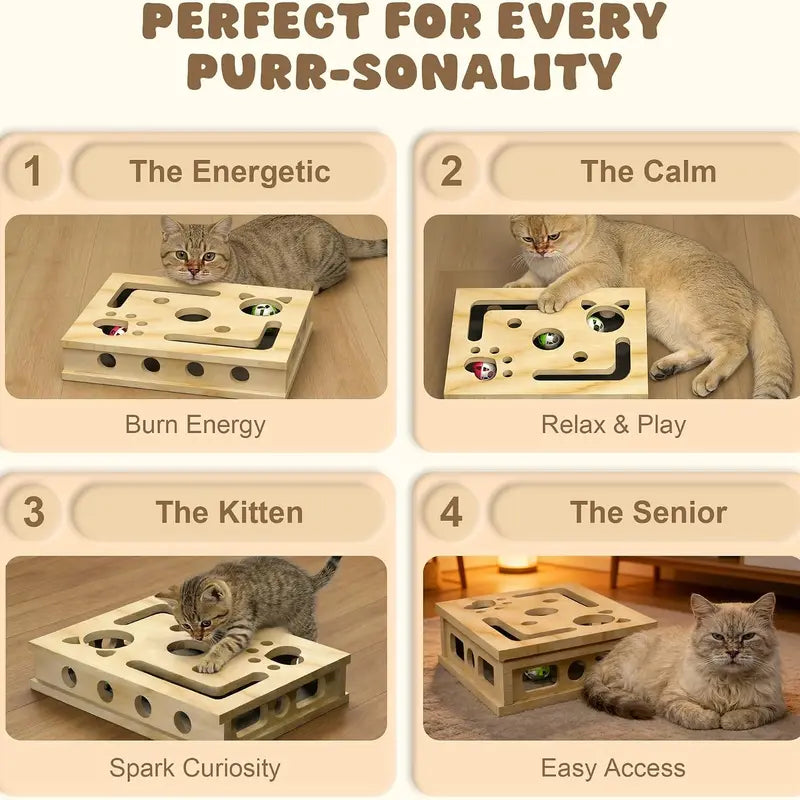 LIVANIRA Universal Wooden Cat Scratch and File Enrichment Box - Claw Care Puzzle Toy with Replaceable Filing Pad, Spacious Scratch Area, Treat Compartments, and Three Toy Balls for Indoor Cats